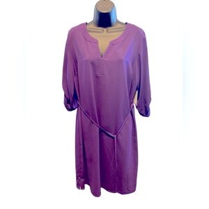 Liz Claiborne Purple Sensation V-Neck Dress w Roll-Up Sleeves and Tie Waist- 14